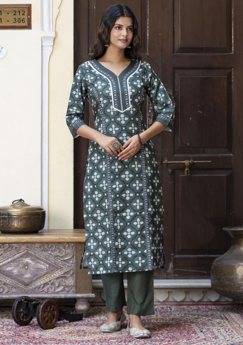 Green Floral Print Cotton Kurta Set - Indya