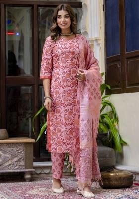 Peach Floral Print Cotton Kurta Set