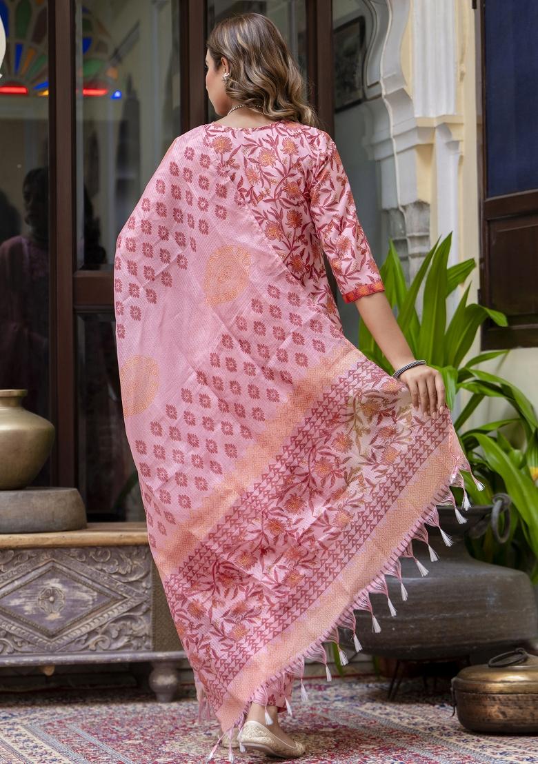 Peach Floral Print Cotton Kurta Set - Indya