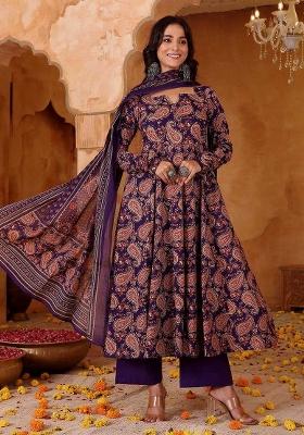 Purple Printed Cotton Kurta Set