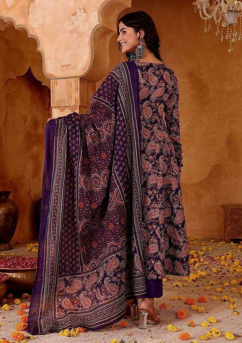Purple Printed Cotton Kurta Set - Indya