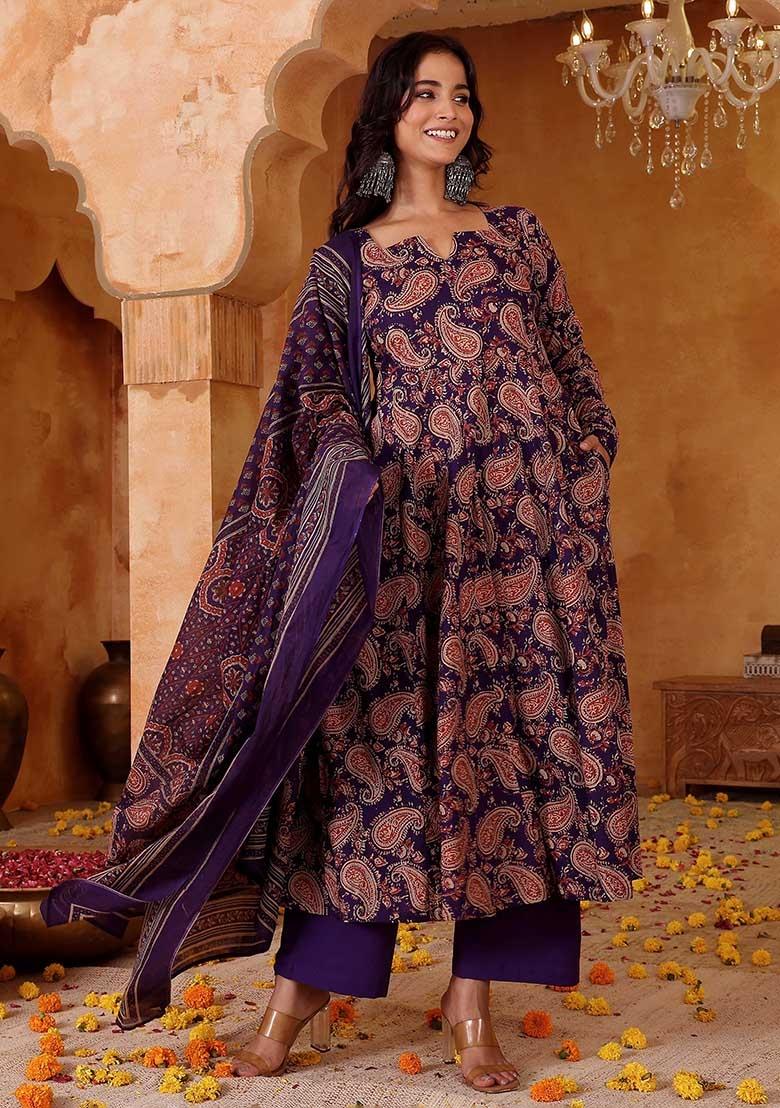 Purple Printed Cotton Kurta Set - Indya