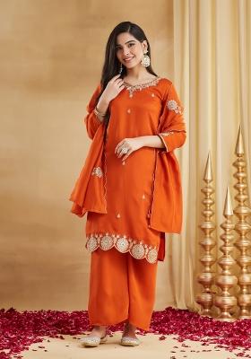 Orange Printed Silk Kurta Set