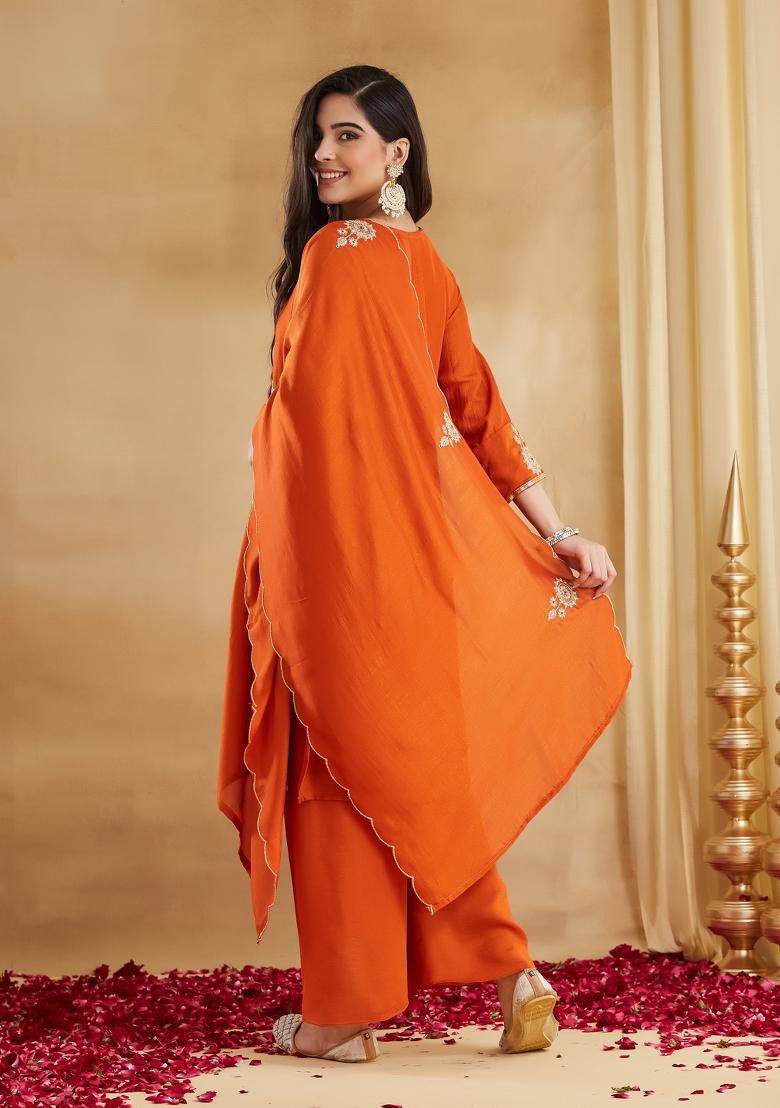 Orange Printed Silk Kurta Set - Indya