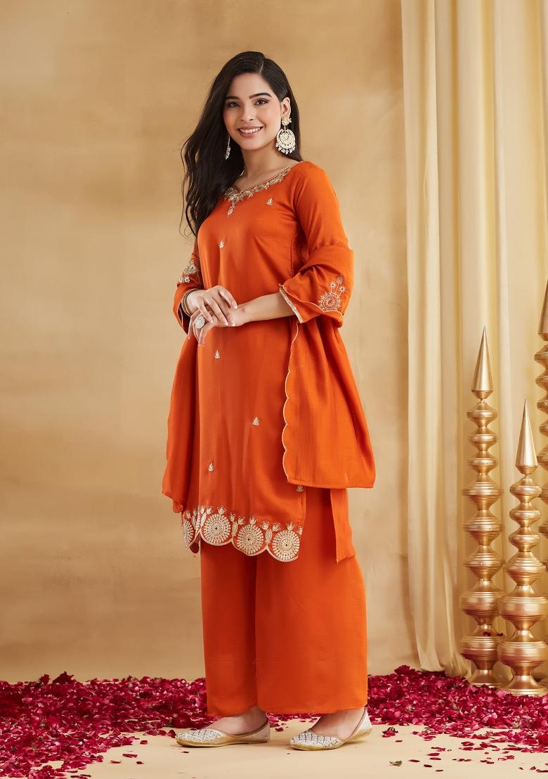 Orange Printed Silk Kurta Set - Indya