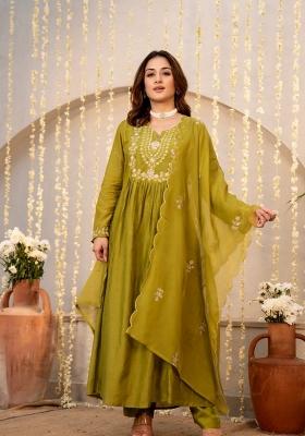 Green Printed Chanderi Kurta Set