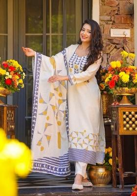 Cream Printed Silk Kurta Set