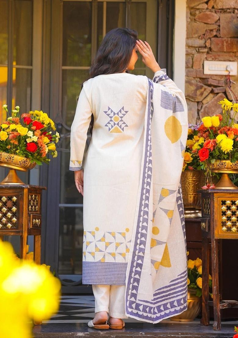 Cream Printed Silk Kurta Set - Indya