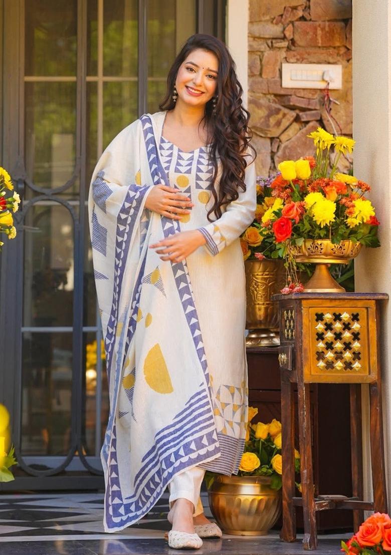 Cream Printed Silk Kurta Set - Indya