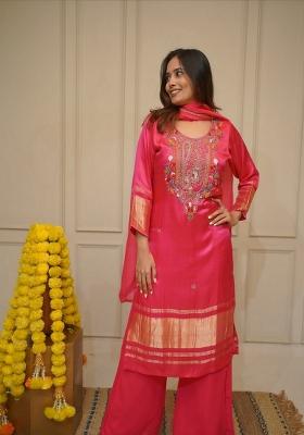 Pink Printed Viscose Kurta Set