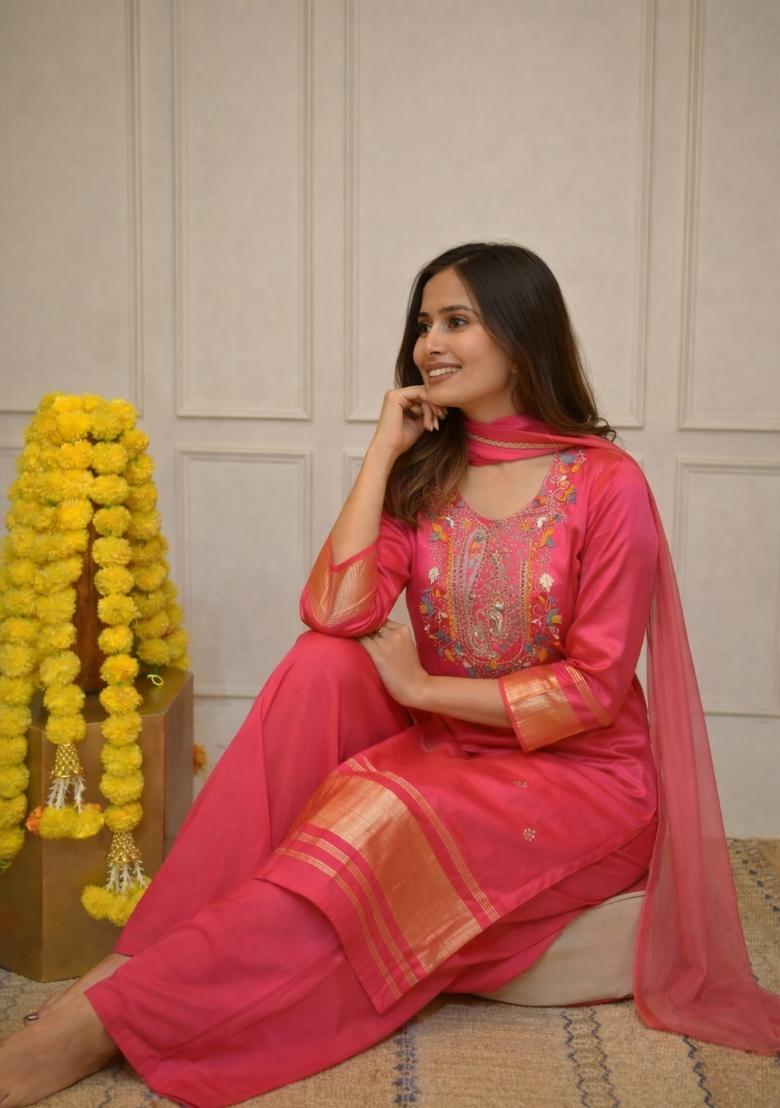 Pink Printed Viscose Kurta Set - Indya