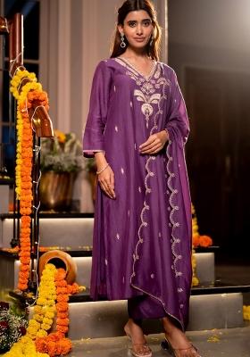 Purple Printed Chanderi Kurta Set