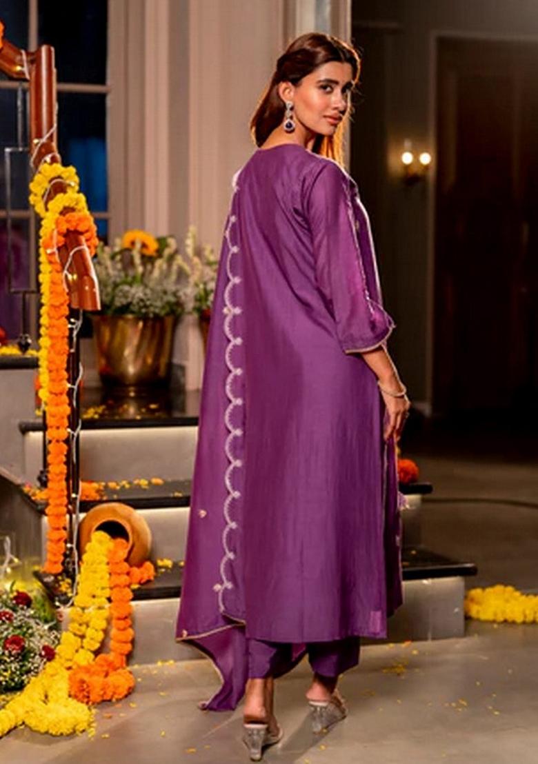 Purple Printed Chanderi Kurta Set - Indya