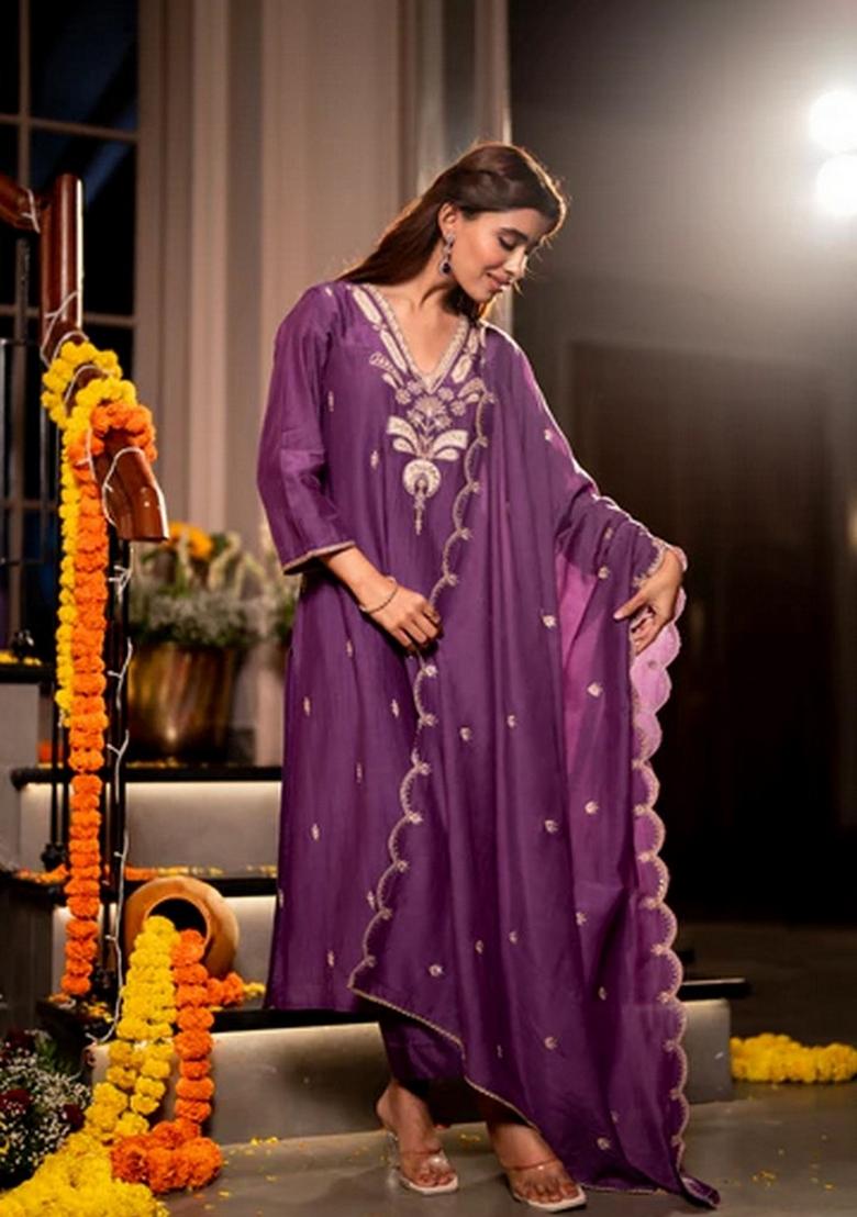 Purple Printed Chanderi Kurta Set - Indya