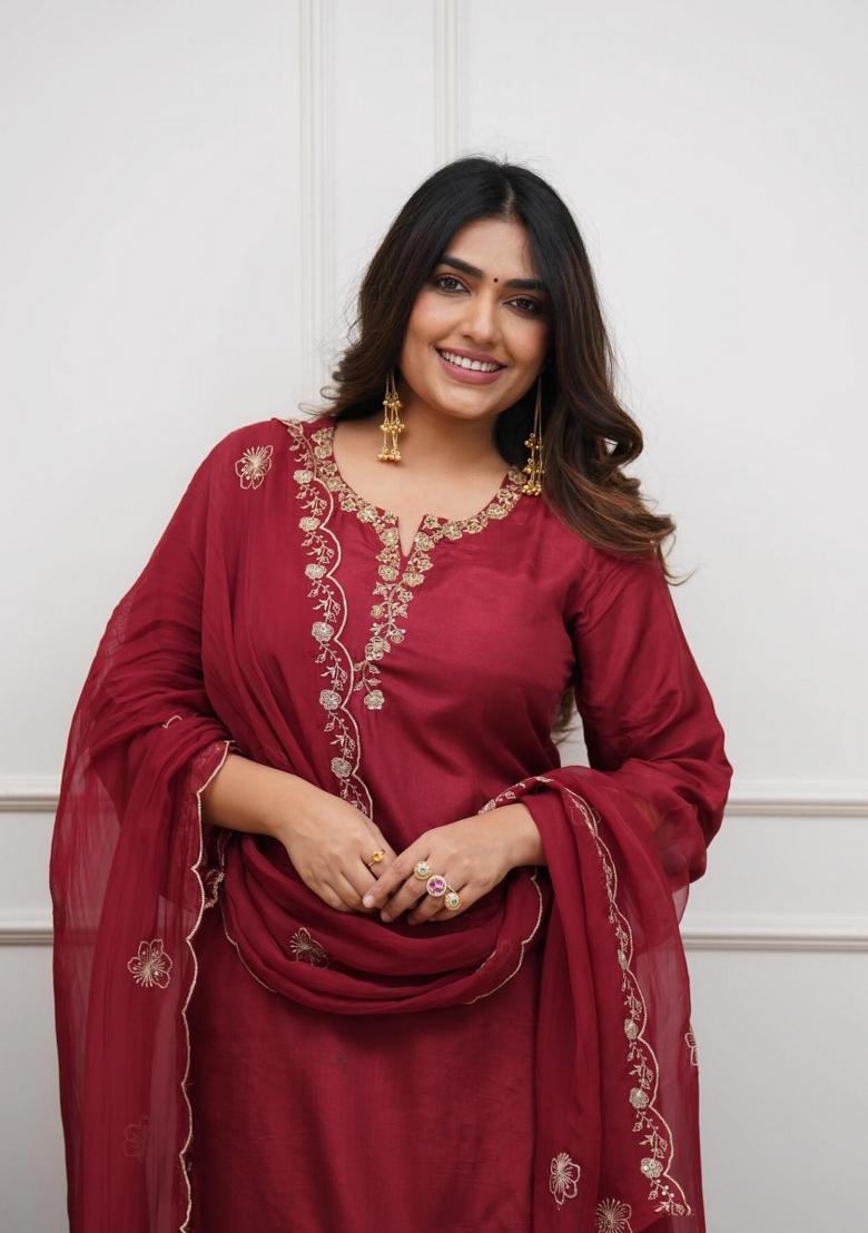 Maroon Printed Chanderi Kurta Set - Indya