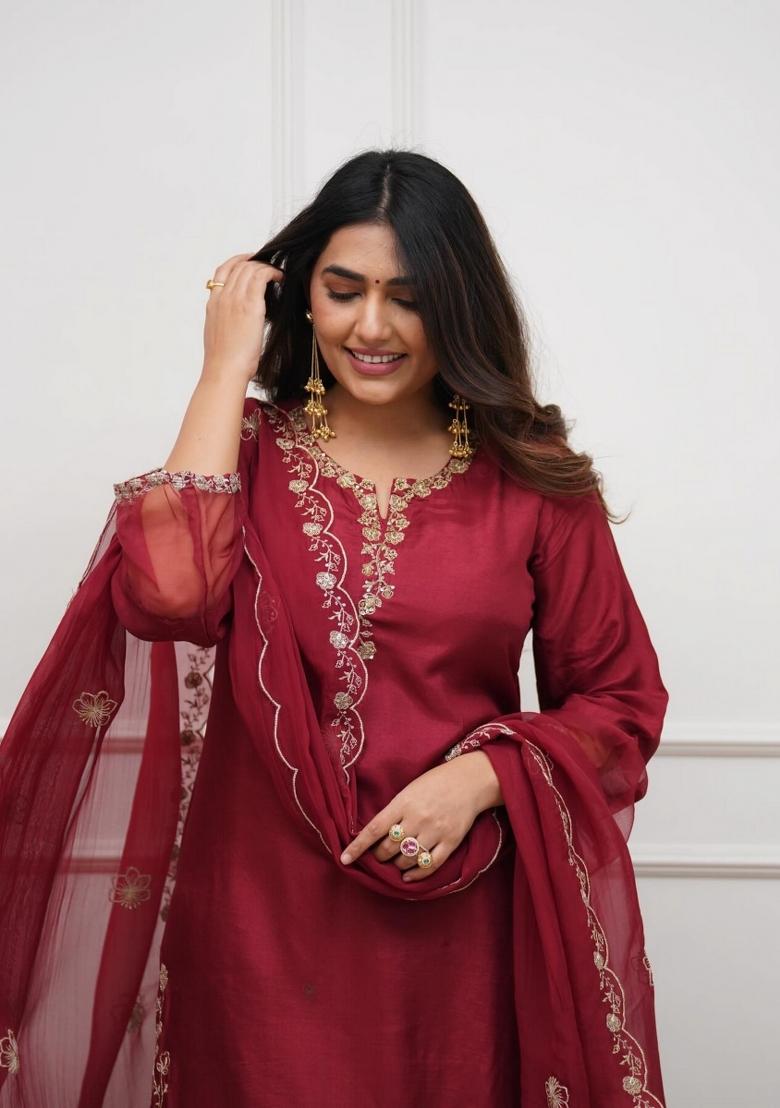 Maroon Printed Chanderi Kurta Set - Indya