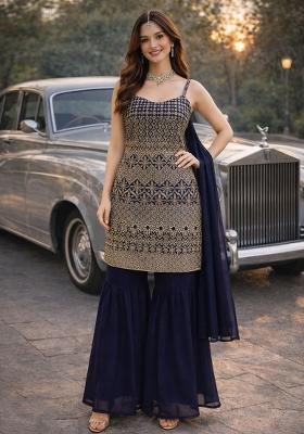 Blue Embroidery Georgette Kurta Set