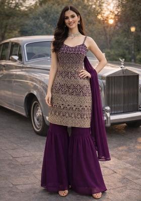 Wine Embroidery Georgette Kurta Set