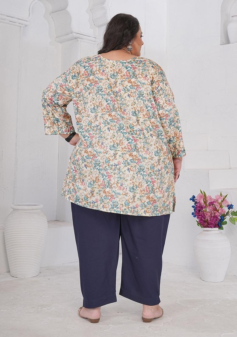 Off White Printed Rayon Kurta - Indya