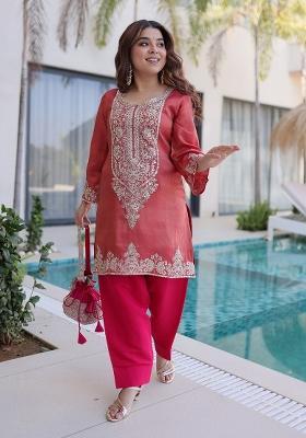 Peach Embroidery Viscose Kurta Set