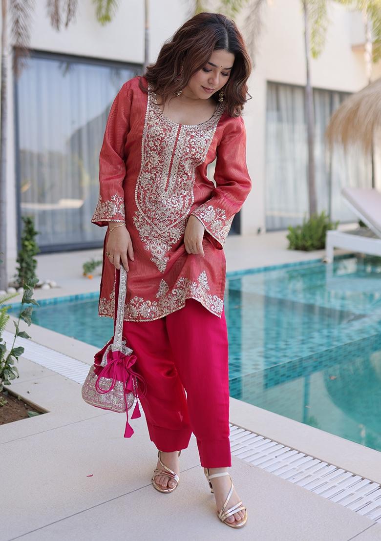 Peach Embroidery Viscose Kurta Set - Indya