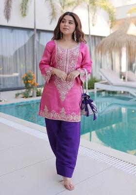 Pink Embroidery Viscose Kurta Set