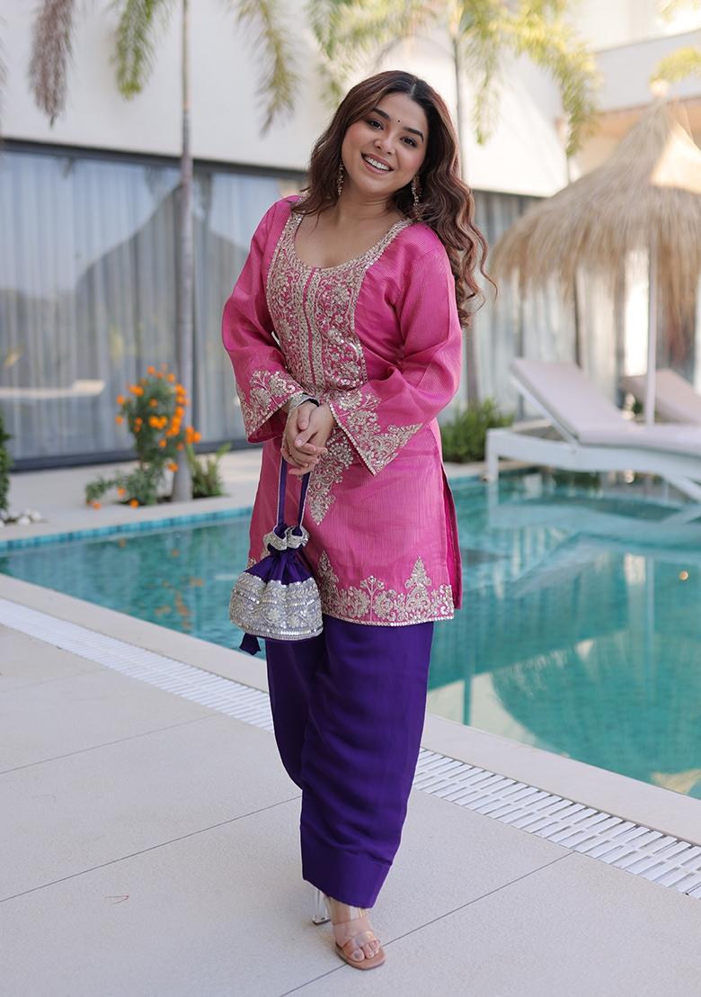 Pink Embroidery Viscose Kurta Set - Indya
