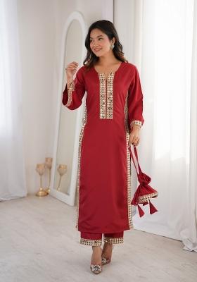 Maroon Embroidery Crepe Kurta Set