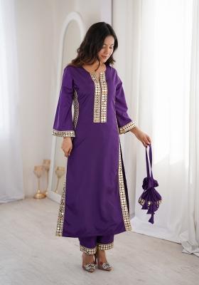 Purple Embroidery Crepe Kurta Set