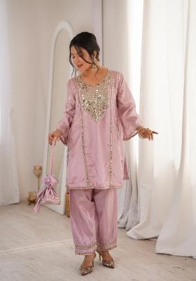 Pink Embroidery Silk Kurta Set