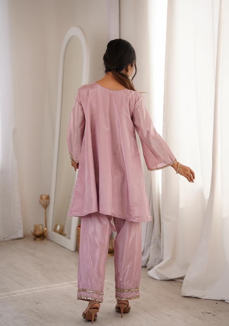 Pink Embroidery Silk Kurta Set - Indya