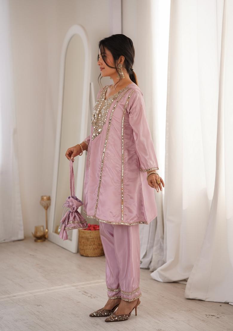 Pink Embroidery Silk Kurta Set - Indya