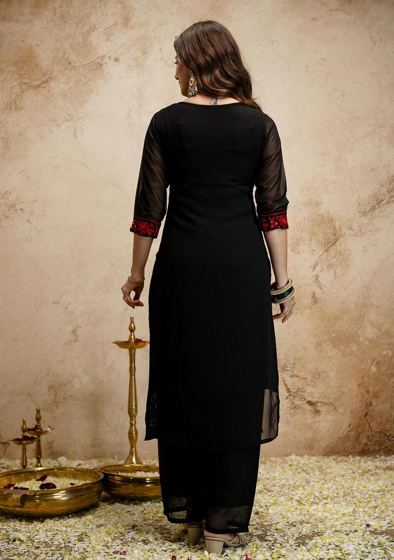 Black Embroidery Georgette Kurta Set - Indya