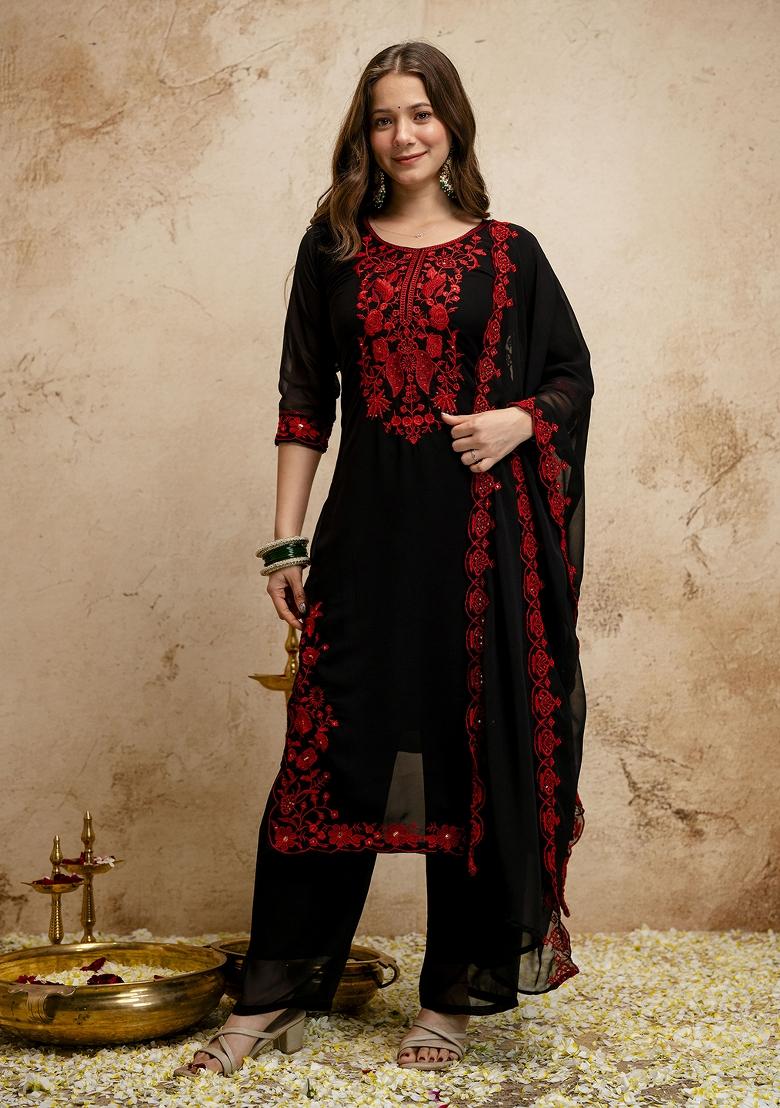 Black Embroidery Georgette Kurta Set - Indya