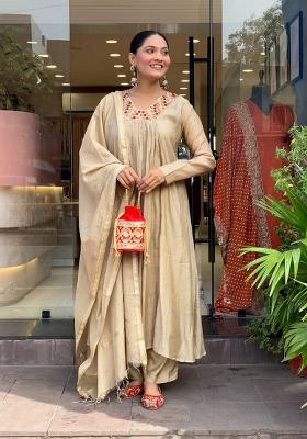 Beige Embroidery Chanderi Kurta Set