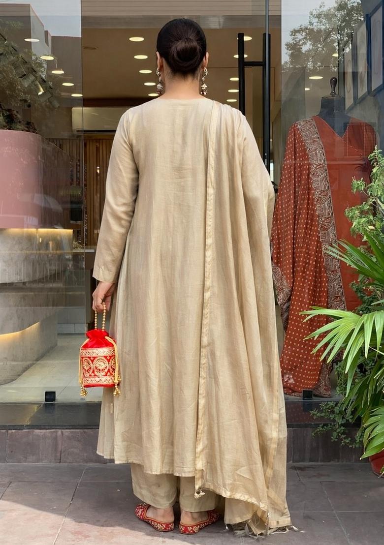 Beige Embroidery Chanderi Kurta Set - Indya