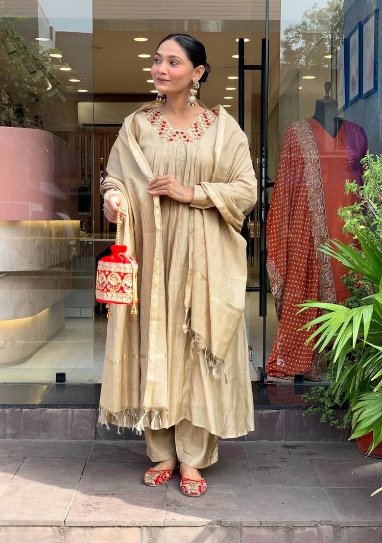 Beige Embroidery Chanderi Kurta Set - Indya