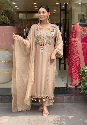 Brown Embroidery Chanderi Kurta Set