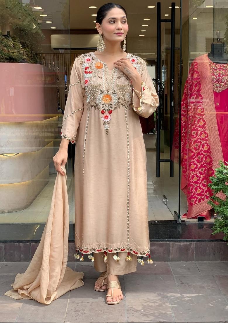 Brown Embroidery Chanderi Kurta Set - Indya