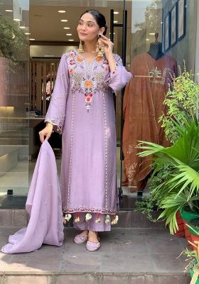 Lavender Embroidery Chanderi Kurta Set