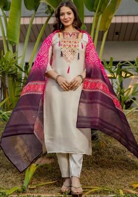 Cream Embroidery Viscose Kurta Set