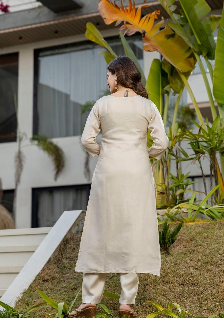 Cream Embroidery Viscose Kurta Set - Indya