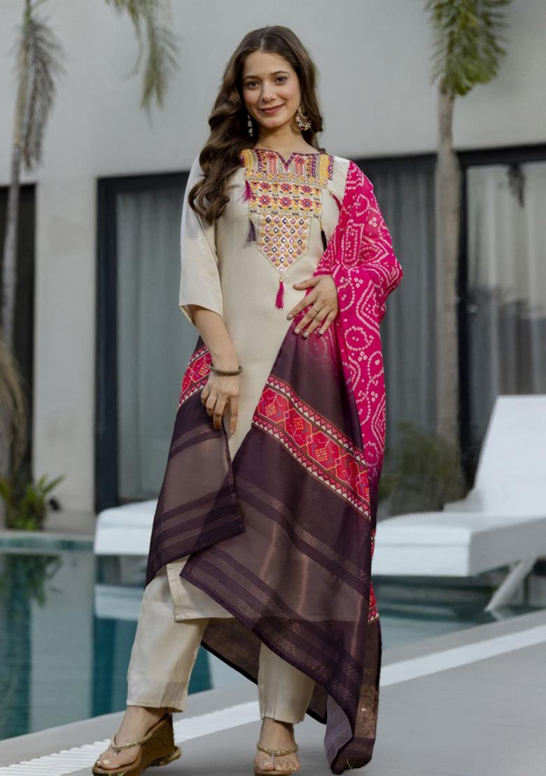 Cream Embroidery Viscose Kurta Set - Indya