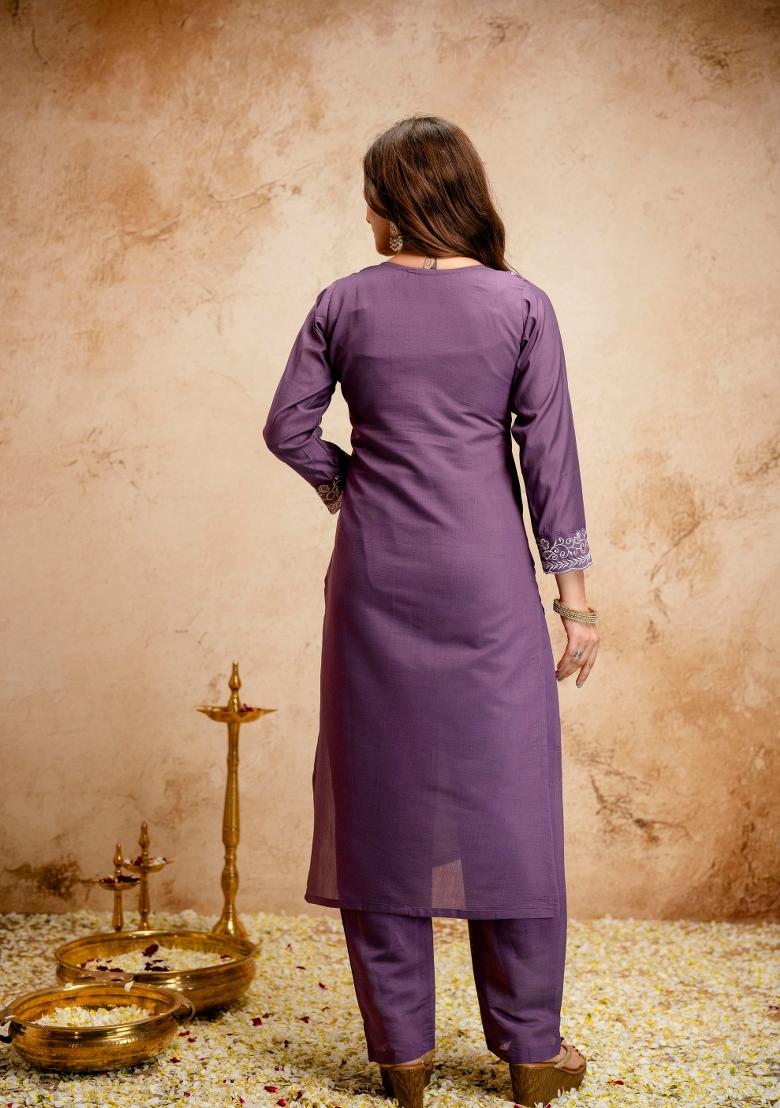 Purple Embroidery Chanderi Kurta Set - Indya