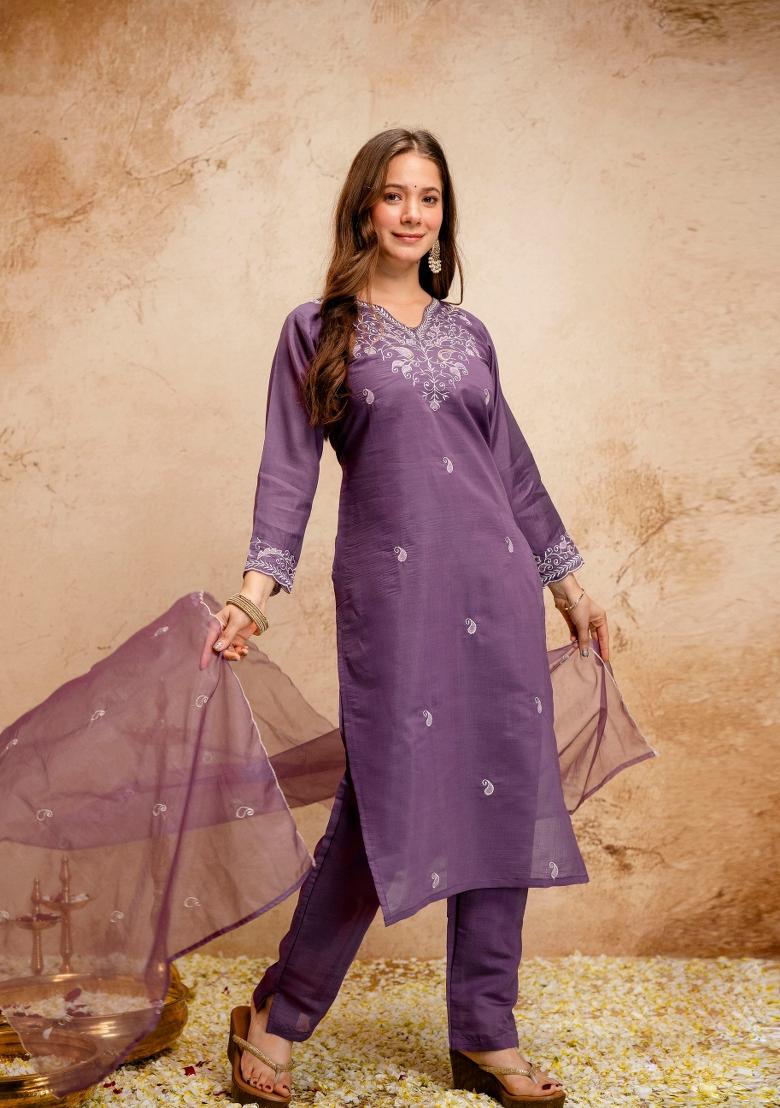 Purple Embroidery Chanderi Kurta Set - Indya