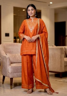 Orange Embroidery Silk Kurta Set
