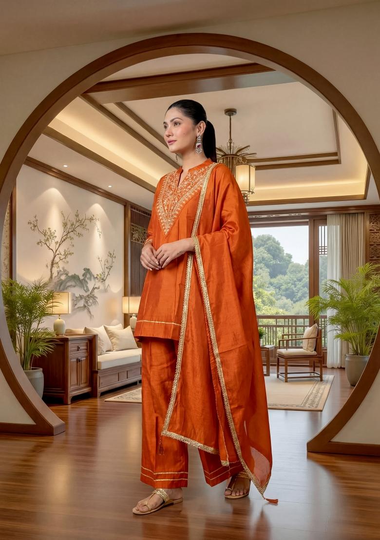 Orange Embroidery Silk Kurta Set - Indya