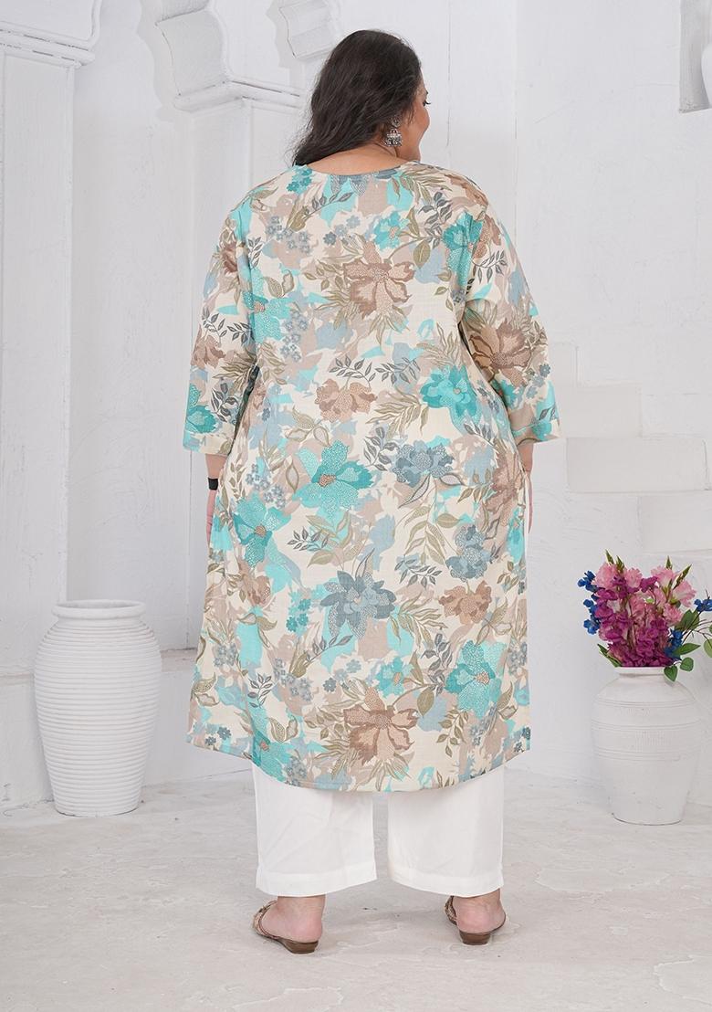Off White Printed Rayon Kurta - Indya