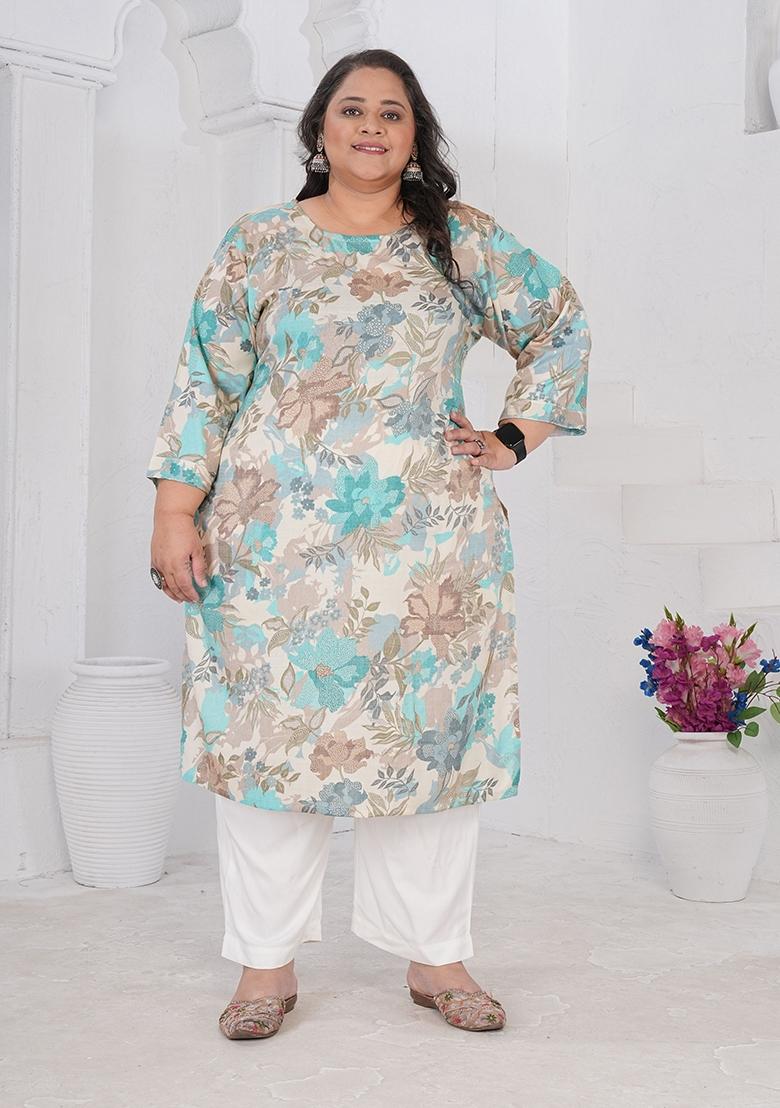 Off White Printed Rayon Kurta - Indya