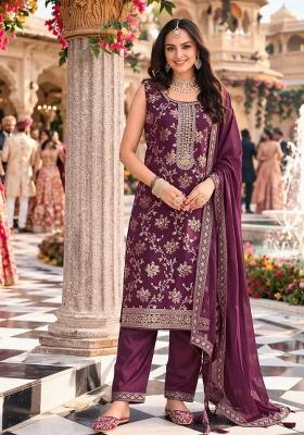 Wine Embroidery Jacquard Kurta Set
